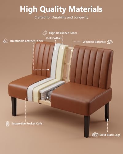 Image of Leather Armless Loveseat with Charging, Small Couch for Living Room, Brown