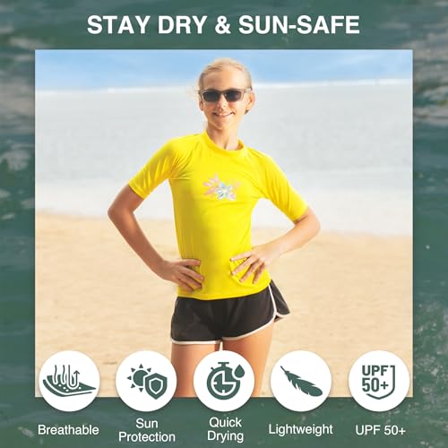 Image of Kanu Surf Girls' Jade Rash Guard UPF 50+ Sun Protection Short Sleeve Swim Shirt