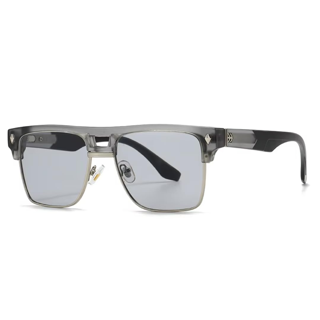 Duże, półramkowe okulary przeciwsłoneczne męskie z podwójnym mostkiem, retro, modne, luksusowe, damskie, z nitami, modne odcienie UV400 (szaro-szare)