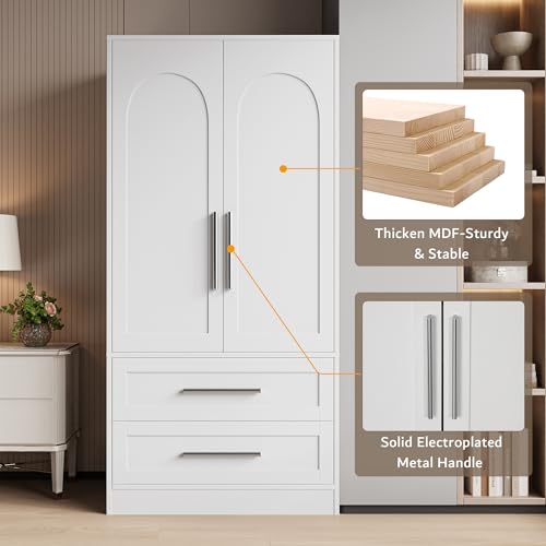 iPormis Armoire Wardrobe Closet with 2 Drawers, Modern Wooden Bedroom Armoire with Doors, Clothing Storage Cabinet with Aluminum Hanging Rod, Wardrobe Storage with Strong Door Closure, White - Image 5