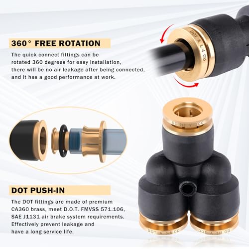 Image of CheeMuii 39 PCS DOT Air Line Quick Connect Fittings 1 /4 inch 3 /8 inch 1 /2 inch Push to Connect Fittings DOT Brass Air Hose Fittings Repair Kit for Semi Truck Air Line Kit or Industrial Air System