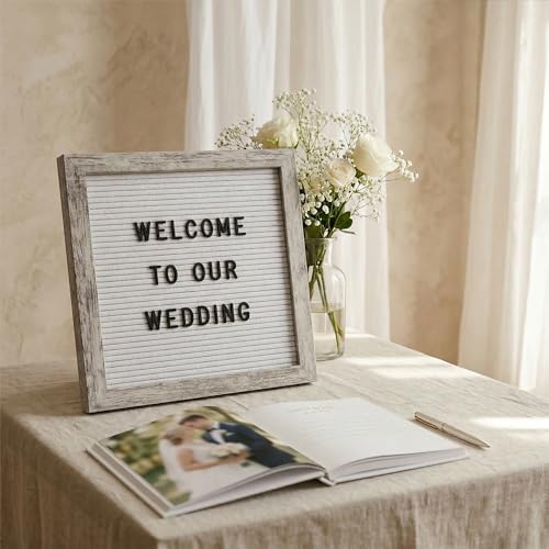 Image of C Crystal Lemon Board, 317 Pre-cut Letters Numbers & Symbols, 10x10 Inches Felt Message Board, Changeable Wooden Sign, Wood Frame, Wall Mount, With Display Stand (Rustic White) | Clean rustic white letter board with 336 letters, wood frame, stand and wall mount for welcome, home and event messages