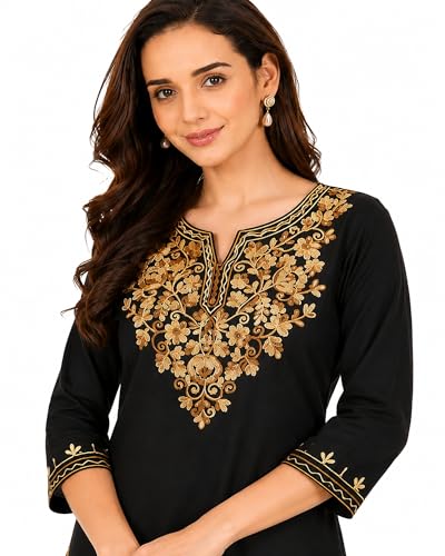 Image of Women's Gulnar Pure Cotton Kashmiri Embroidered A-line 3 /4 Cuff Sleeves Kurti | Short Kurta