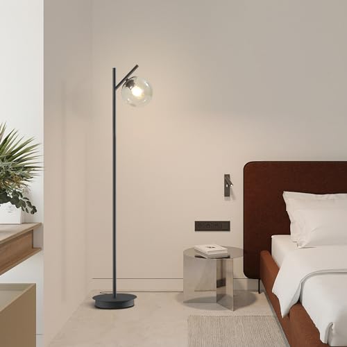 Image of Vintage Floor Lamp for Living Room Mid Century Black Floor Freestanding Lamp Farmhouses Cognac Glass Globe Standing Tall Pole Lamp for Study Room Hotel Bedroom