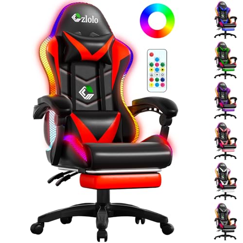 Czlolo Gaming Stuhl, RGB LED-Licht Gaming Sessel mit Fußstützen, Ergonomische Bürostuhl, Gaming PC Chair für Erwachsene und Kinder, Computer Stuhl mit Kopfstütze und Massge, Höhenverstellbar, Rot