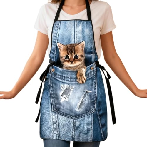 Luieonm Delantales divertidos para mujer, diseño de gato, impermeable, con correas ajustables, bonito delantal para hornear, para actividades de barbacoa, pizza, pintura, café, arcilla