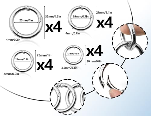KAPSING 16 Stück Schlüsselanhänger Ringe Edelstahl, Ringkarabiner, Runde Karabinerhaken, Frühling O-Ring, O-Ring Karabiner Silber(Innendurchmesser 13/17/19/25mm)