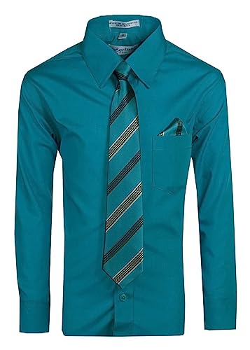Tuxgear Boys Long Sleeve Dress Shirt with Striped Necktie and Pocket Square – Solid Color Button-Up