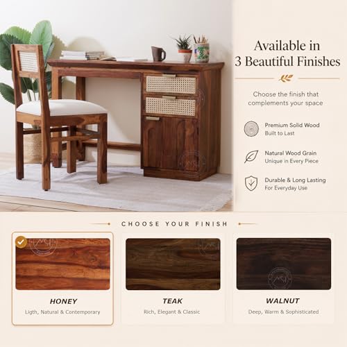 Image of NSH Solid Sheesham Wood Study Table with Chair | Wooden Writing Desk with Drawer & Door Storage | Pre-Assembled Computer Desk Workstation for Home Office & Study Room | Honey Finish