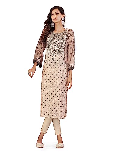 Womanista Women’s Beige Ethnic Printed Cotton Blended Kurta with Flared Sleeves