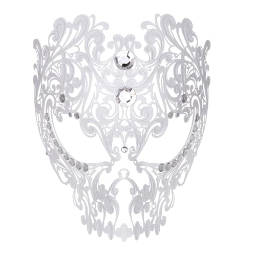 JewelryWe Masque Crâne Halloween Métallique: Demi Masque Gothique Homme Femme avec Strass pour Bal Masqué, Mascarade, Venise, Accessoire Cosplay, Cadeau...