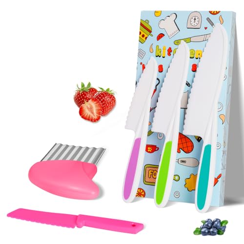 HOTUT Juego de Cuchillos de Cocina de Plástico,5pcs Juego de Cuchillos para Niños,Juego Cuchillos Cocina Niños para Cortar Frutas o Verduras,Cuchillo Seguro