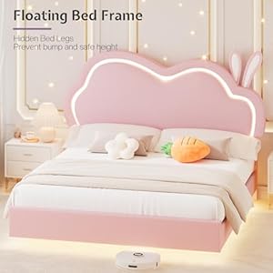Jocisland LED Full Bed Frame for Girls Upholstered Floating Bed with Cute Cloud Headboard, No Box Spring Needed, Leather, Pink Jocisland LED Full Bed Frame for Girls Upholstered Floating Bed with Cute Cloud Headboard No Box Spring Needed Leather Pink