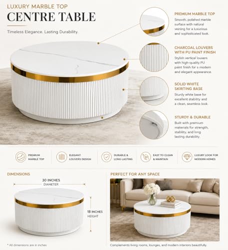 Image of Modern Round Centre Table - 76x76x46 cm | White Marble Top with Gold Accent Strip & Charcoal Louvers | Luxury Coffee & Tea Table for Living Room, Lounge & Entryway (White)
