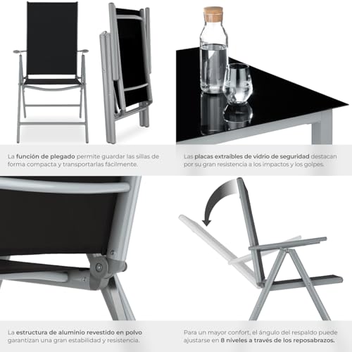 tectake® Conjunto Muebles Jardín Exterior 9 Piezas, Estructura de Aluminio, Mesa y Sillas Terraza Impermeables, Resistentes a Intemperie, Sillas Plegables y Reclinables, Tela Transpirable - Plata - imagen 6