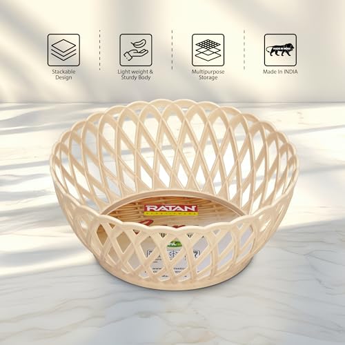 Image of RATAN PLASTICWARE Cane Large Plastic Storage Basket for Fruits, Vegetables & Snacks - Decorative Woven Design for Kitchen, Dining Table & Home Use I Pack of 3 - Beige