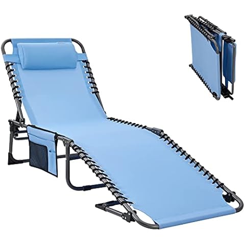 #WEJOY Textilene Sun Lounger Reclining Lounger 4-Position Adjustable Comfy and Durable Lounge Chair with Pillow and Side Pocket Portable Sun Bed for Camping Beach Garden Patio Pool Indoor Outdoor Cover