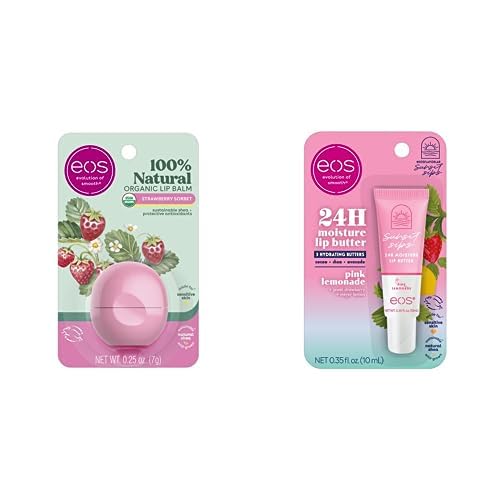 Paquete de esferas labiales de sorbete de fresa orgánica eos + eos Sunset Sips 24 horas Humedad Pink Lemonade Lip Butter Tube