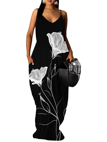 Image of Women's Summer Maxi Dress Spaghetti Strap Floral Boho Beach Long Sundress with Pockets