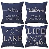 ULOVEYOURSELF Lake Welcome Throw Pillow Covers, 4Pack, 18x18 Inch, Blue, Lake Time, Double-Sided Pattern, Home Decor, Gifting, Indoor/Outdoor Use