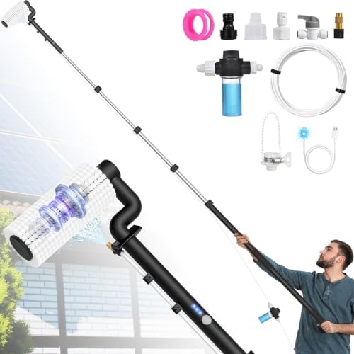Elektrische Teleskop Waschbürste mit Teleskopstiel, 6.2M & Seifenspender | 2-Gang Teleskopbürste mit Wasseranschluss für PV Anlage Reinigung,Wintergarten Reinigungsset,Teleskopstan