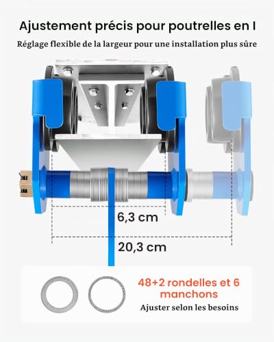 VEVOR Chariot Porte-Palan Manuel 2994 kg Chariot à Poutre en I Réglable, Largeur de Bride 63-203 mm, pour Poutres Droites et Courbes, Garage, Atelier et Entrepôt, Roues Doubles, en Acier au Carbone – vue 2