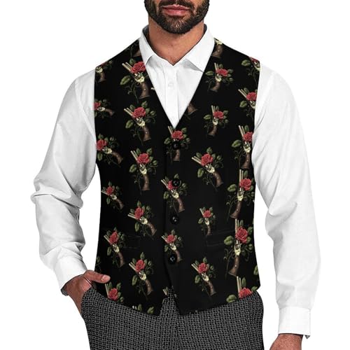 Rose And Guns Suit Vest for Men Slim Fit Tuxedo Waistcoat Button Down V Neck Business Dress Coat