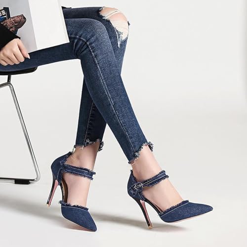 Women’s Denim Tassel Pointed Toe Stiletto Pumps with Ankle Strap Sexy Cutout High Heels Wedding Party Dress Pumps Prom Daily Classic Office Lady Work Shoes3