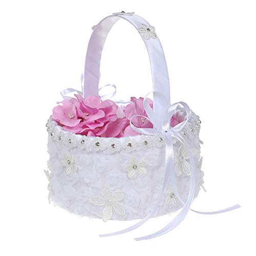 Daxin Lace Wedding Flower Girl Basket for Western Style Wedding Ceremony Party Supplies Classic and Elegant Round Basket with Handle