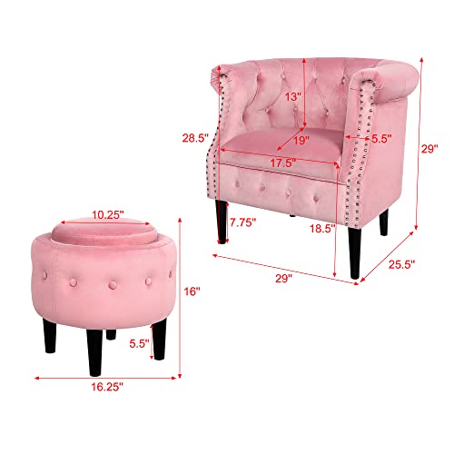 Single Sofa Chair, Modern Velvet Single Sofa Chair With Storage Ottoman, Modern Accent Upholstered Arm Chair Tufted Lounge Chair For Home, Bedroom, Office (Pink) #TOP6