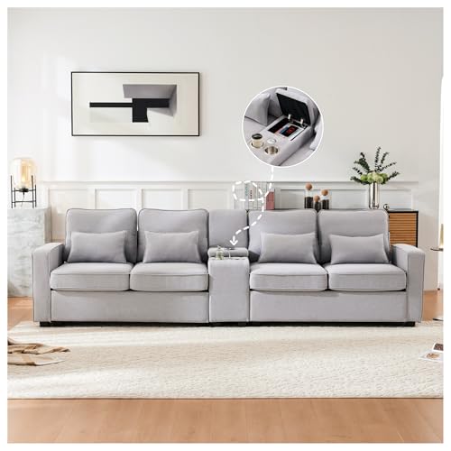 Divano moderno a 4 posti in tessuto di lino con console, 2 portabicchieri, 2 porte USB per la ricarica con cavo, con tasche sui braccioli e 4 cuscini, divano semplice per soggiorno, casa, ufficio,Gray