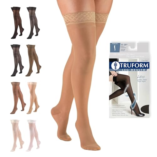 Image of Truform Sheer Compression Stockings, 15-20 mmHg, Women's Thigh High Length, 20 Denier, Beige, Small