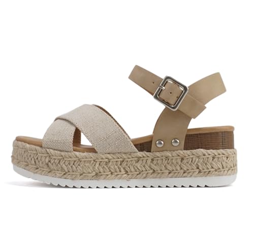 Image of Soda inchFIRELY inch ~ Women Round Toe Crisscross Band Platform Espadrille Wedge Sandal with Adjustable Ankle Strap