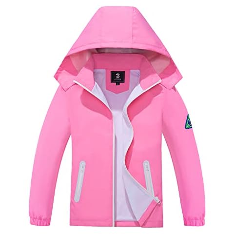 SaphiRose Kids Rain Jacket Waterproof Raincoat Mesh Lined Coat with Removable Hood for Boys Girls (Pink,10-12 years) Cover