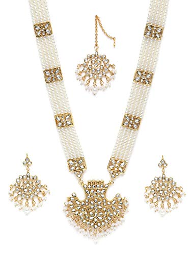 ZAVERI PEARLS Antique Gold Tone Long Kundan & Pearls Bridal Neckl...
