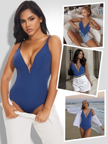 Image of SHAPERIN Bodysuit for Women Shapewear Tummy Control Deep V Neck Plunge Sleeveless Backless Thong Body Suit Tank Top