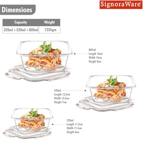 Image of Signoraware Safe Store Glass Square Containers | Airtight & Leakproof | Microwave Safe | Ideal for Reheating, Baking or Serving, Office Lunch & Outdoor Activities (320ml+520ml+800ml | Setof3 | Clear)