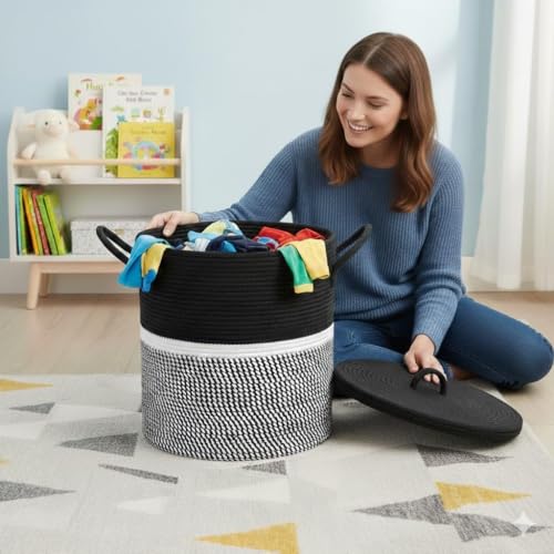 Image of lid Laundry Basket for Clothes, Toy Storage Basket, Storage Basket for Living room, Multi-Purpose, Extra Large Laundry Basket, Dirty Cloth Baskets, 15x20 in inch (LXH) (BG9)
