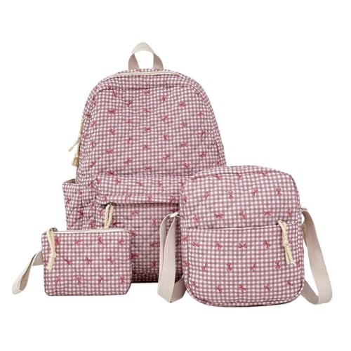 Three-Piece Cute Quilted Padded Backpack with Shoulder Bag & Small Bag (Pink)