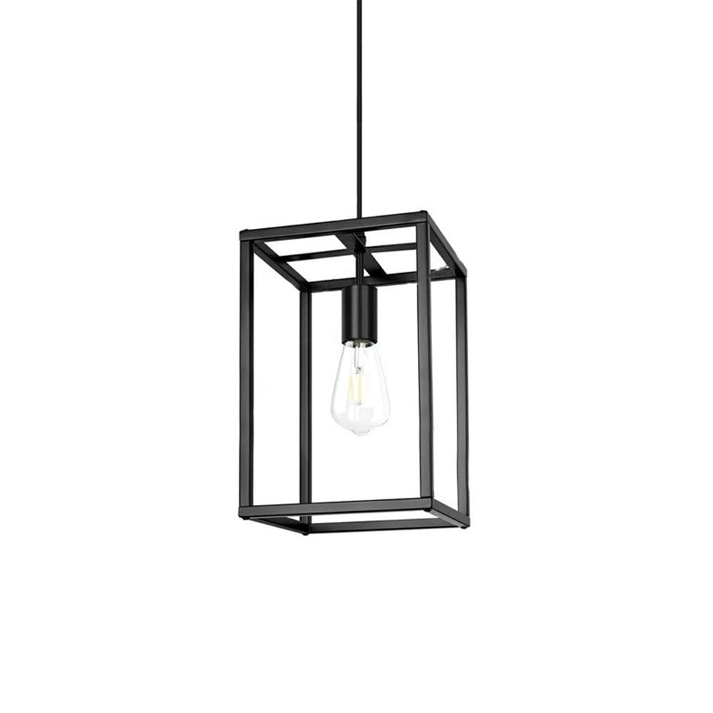 American Vintage Square Metal Material Pendant Light, Iron Lantern Household Decoration Hanging Light, Black Finish Industrial Adjustable Height Ceiling Lamp Foyer Entryway Light Fixture Made in China