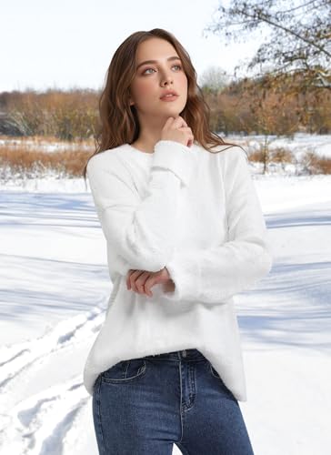 Trifabricy TYBYLMYM9L5 Women'S Oversized Sweater, Crewneck Long Sleeve Women Sweaters, 2024 Fall Winter Fuzzy Knit Casual Sweater, Chunky Warm Pullover Sweaters Top White thumb #2