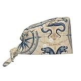 Old-Fashioned map Work Cap with Buttons-Soft Chef Hat for Cleaning Cooking, Adjustable Mask Holder Cap for Spa Beauty Salon, Unisex Sweatband Hat Black