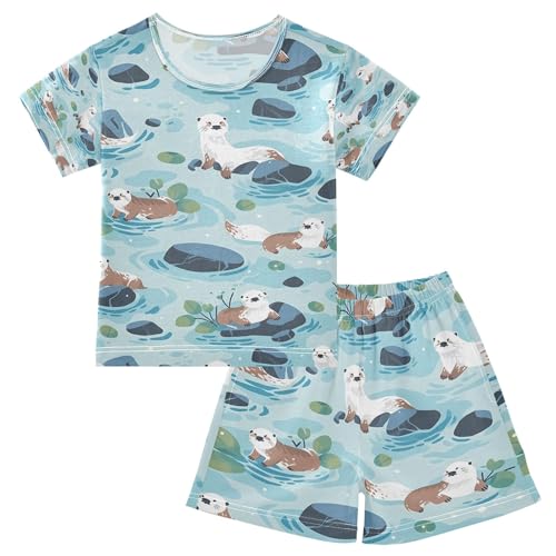 senya Otter on Pond Summer Pajamas Set Short Cotton Sleepwear 2 Piece