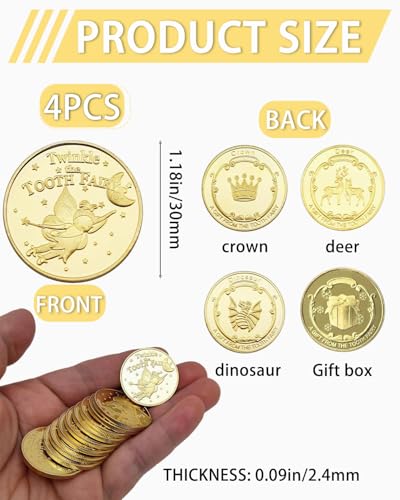 TPZORJX 4 pcs Zahnfee Münzen,Zahnfee Geschenke für Mädchen Junge,Tooth Fairy Coins,Zahnfee Goldtaler,Goldmünzen für Verlorenen Zahn Kinder Geschenke Souvenir(Geschenkbox, Dinosaurier, Hirsch, Krone)
