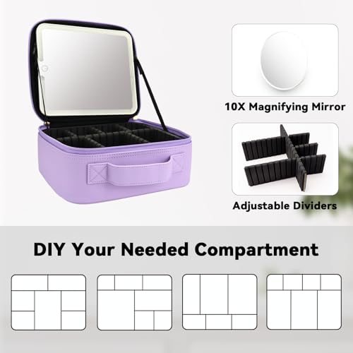 Travel Makeup Bag with LED Mirror and 10x magnifying glass with 3 Lighted Settings, Adjustable Dividers and Makeup Brush Storage Bag Purple4