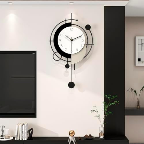 Large Wall Clock for Living Room Decor 26 Inch Modern Decorative Black Wood Wall Clock Battery Operated Non Ticking for Bedroom Office Kitchen Big Pendulum Silent Clock Wall Decor for Home