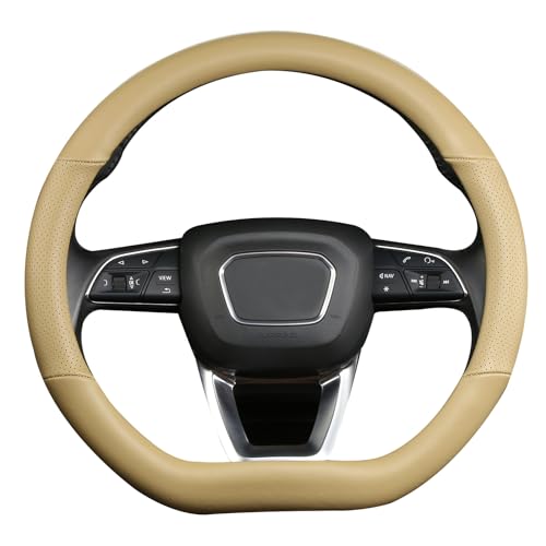 Cxtiy D Shaped Steering Wheel Cover, Genuine Leather Flat Bottom Stearing Wheel Cover Luxury Car Accessories 14 1/2-15 inch (Beige)
