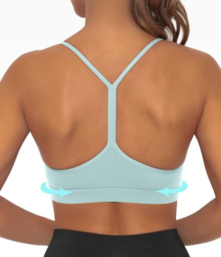 Y Back Sports Bra for Women Low Impact Racerback Workout Bras Sexy Thin Straps Yoga Bras with Removable Pads(Light Blue-M)