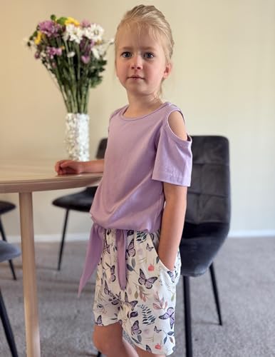 Image of Arshiner Girls Short Sets 2 Pieces Outfits Short Sleeve Tie Knot T-Shirts and Casual Shorts With Pockets Cute Clothes Sets