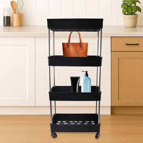 Image of 4-Tier Movable Storage Rack Trolley, Plastic and Stainless Steel Construction, 39L x 25W x 26H cm, Multi-Purpose Organization Cart with Wheels